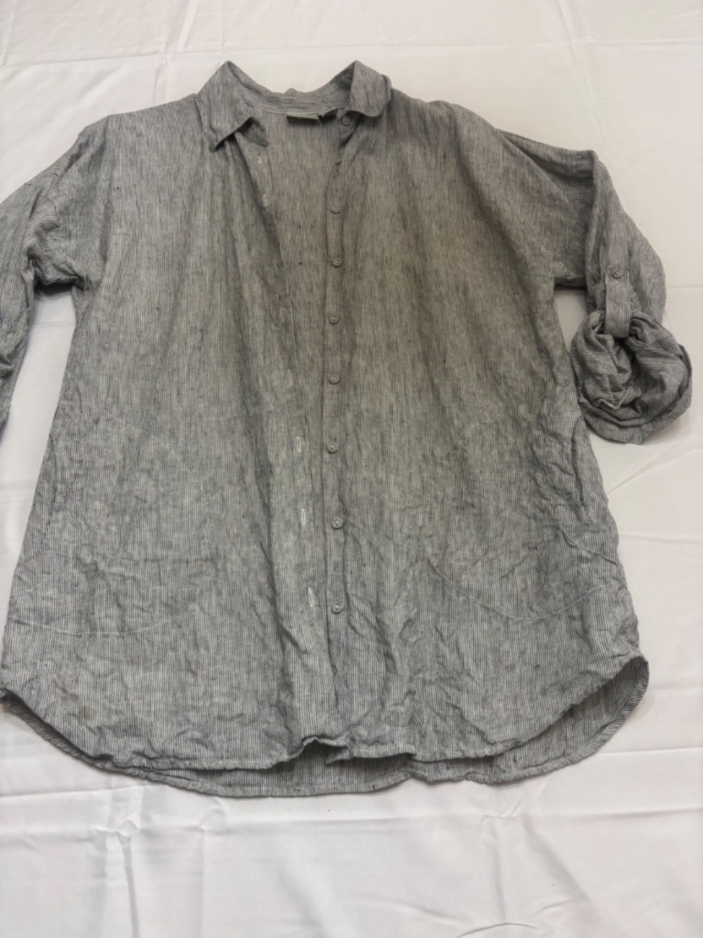 Chico's Shirt 100% Linen Pockets Black/White Stripes Large Resortwear Coastal